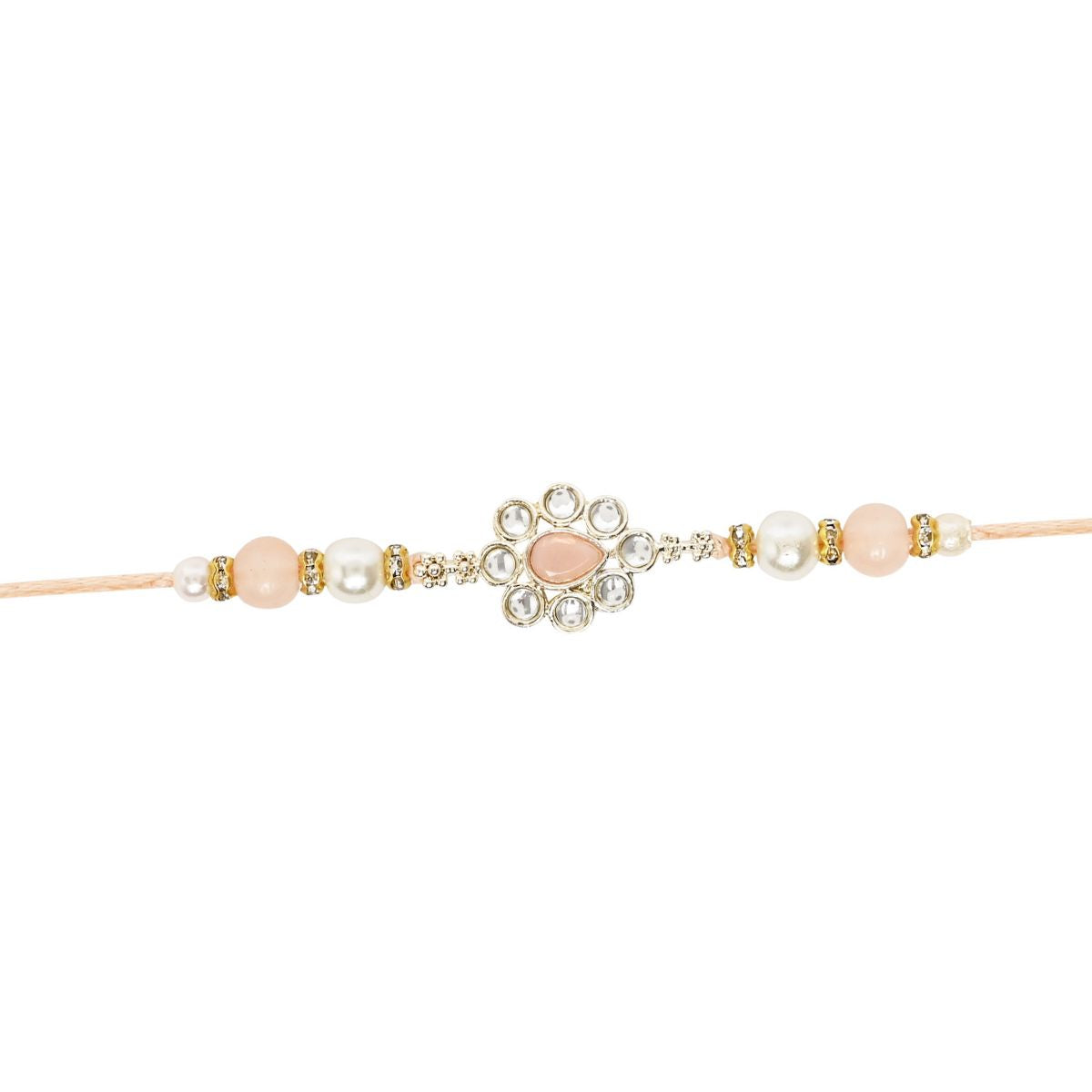 Delicate Pearl Beads Peach Rakhi with Roli Chawal & Rakshabandhan Card