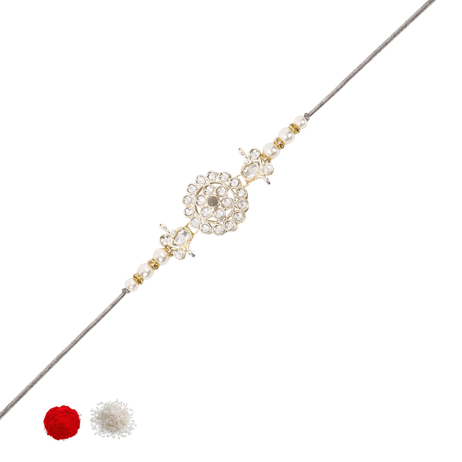 Delicate Pearl Beads Grey Rakhi with Roli Chawal & Rakshabandhan Card