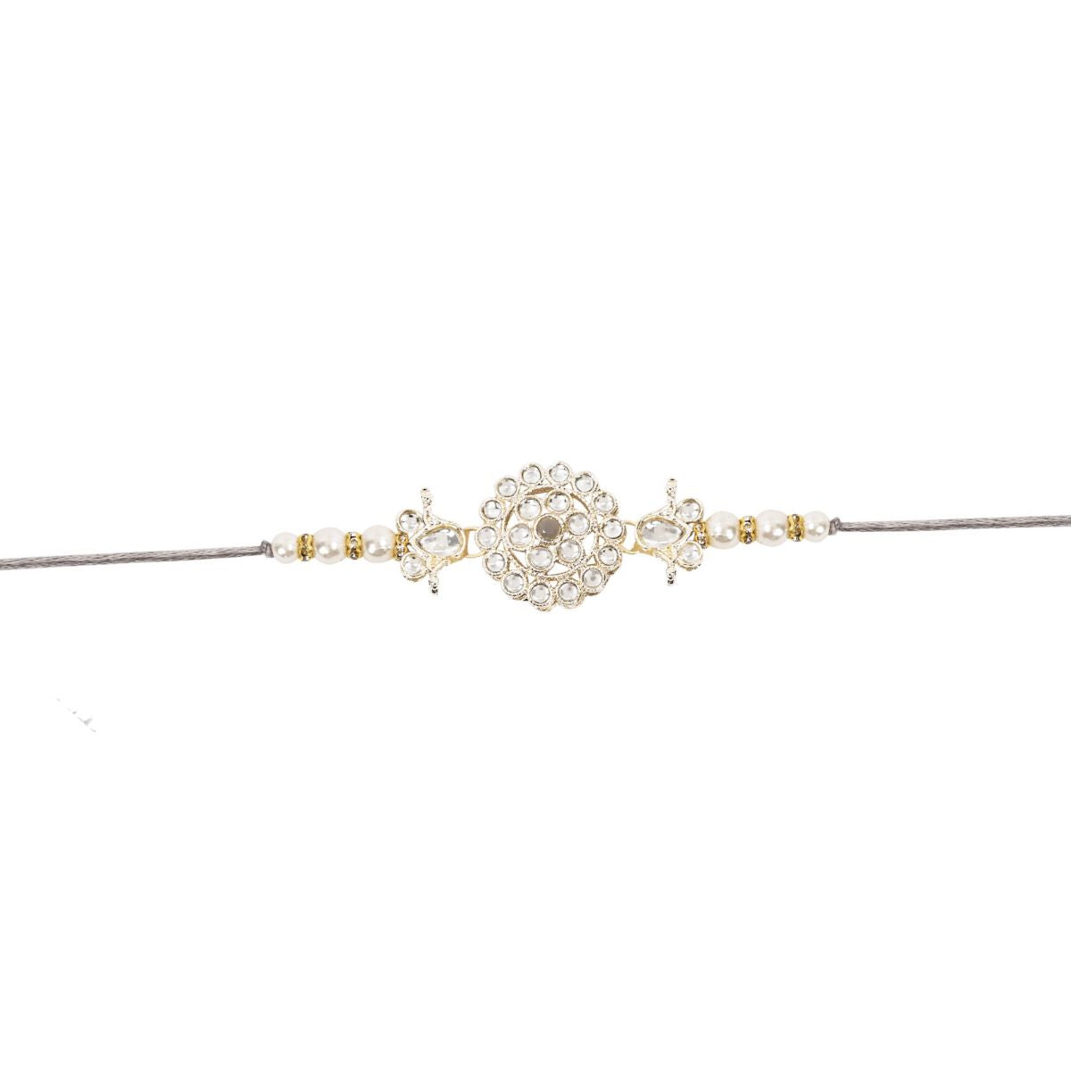 Delicate Pearl Beads Grey Rakhi with Roli Chawal & Rakshabandhan Card