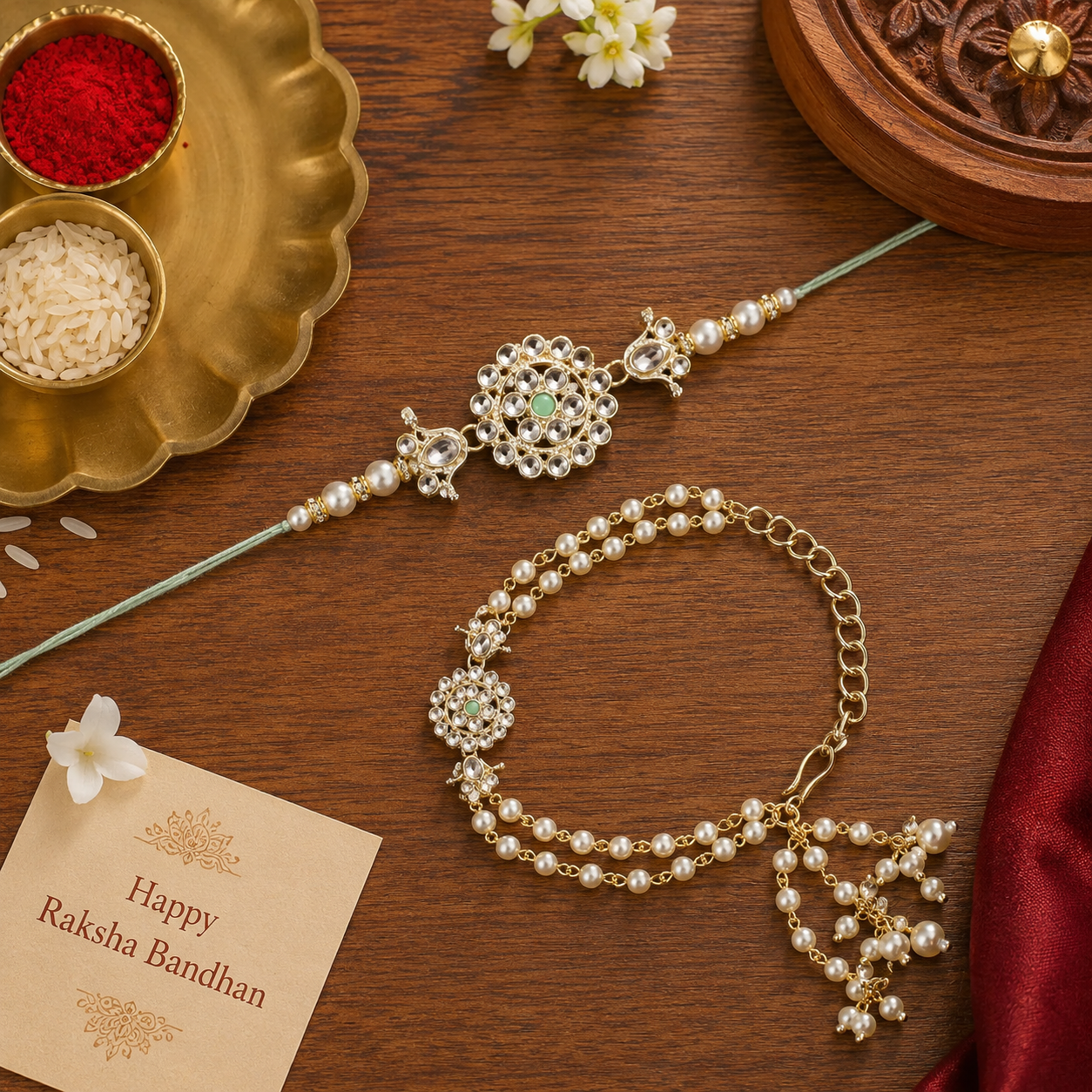 Elegant Bhaiya Bhabhi Mint Lumba Pearl & Rakhi With Roli Chawal &Card