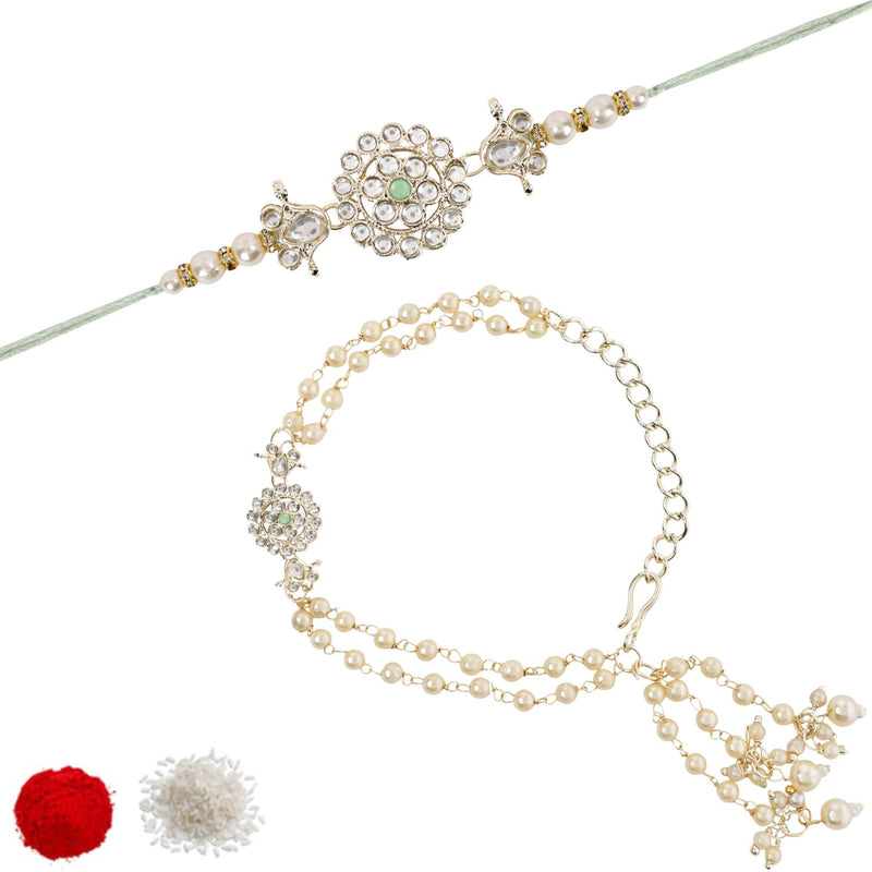 Elegant Bhaiya Bhabhi Mint Lumba Pearl & Rakhi With Roli Chawal &Card