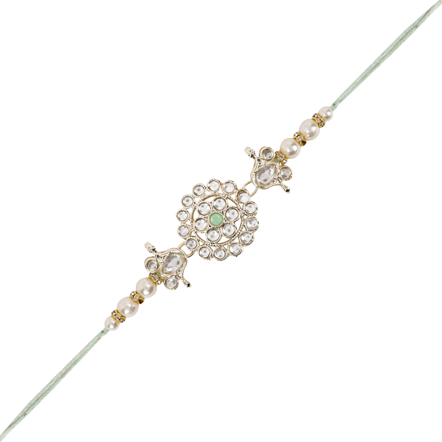 Elegant Bhaiya Bhabhi Mint Lumba Pearl & Rakhi With Roli Chawal &Card