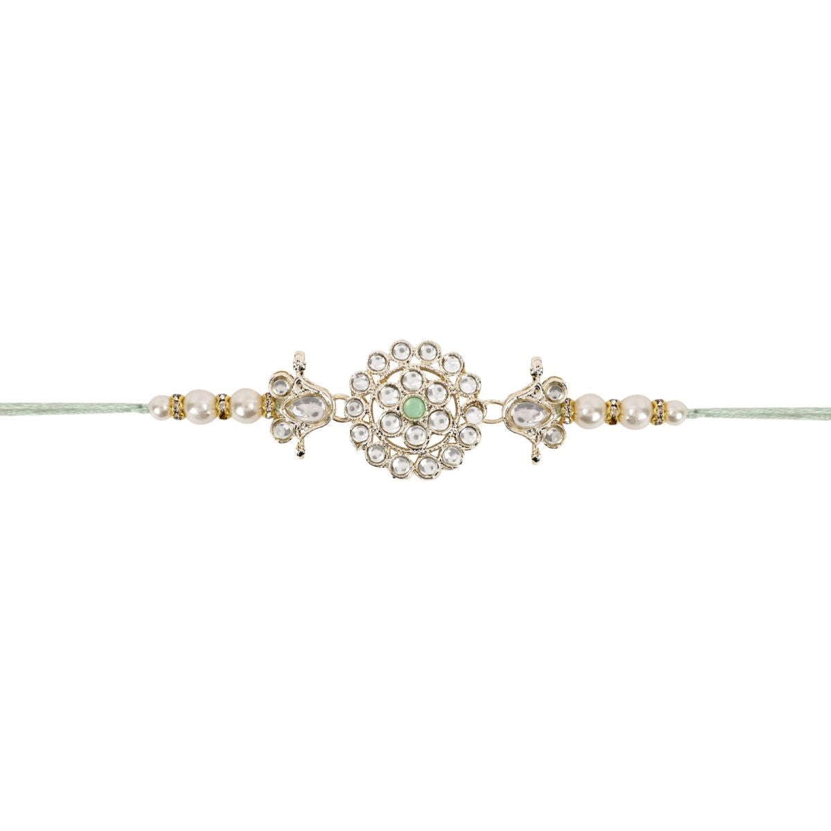 Delicate Pearl Beads Mint Rakhi with Roli Chawal & Rakshabandhan Card