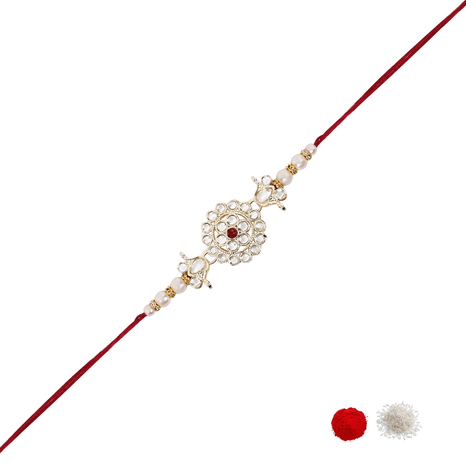 Delicate Pearl Beads Pink Rakhi with Roli Chawal & Rakshabandhan Card