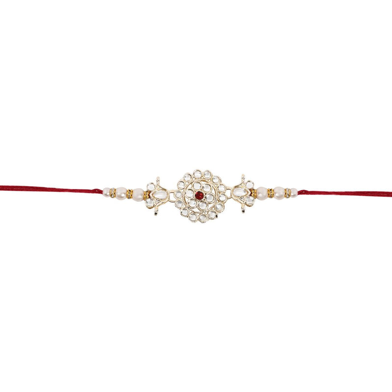 Delicate Pearl Beads Pink Rakhi with Roli Chawal & Rakshabandhan Card