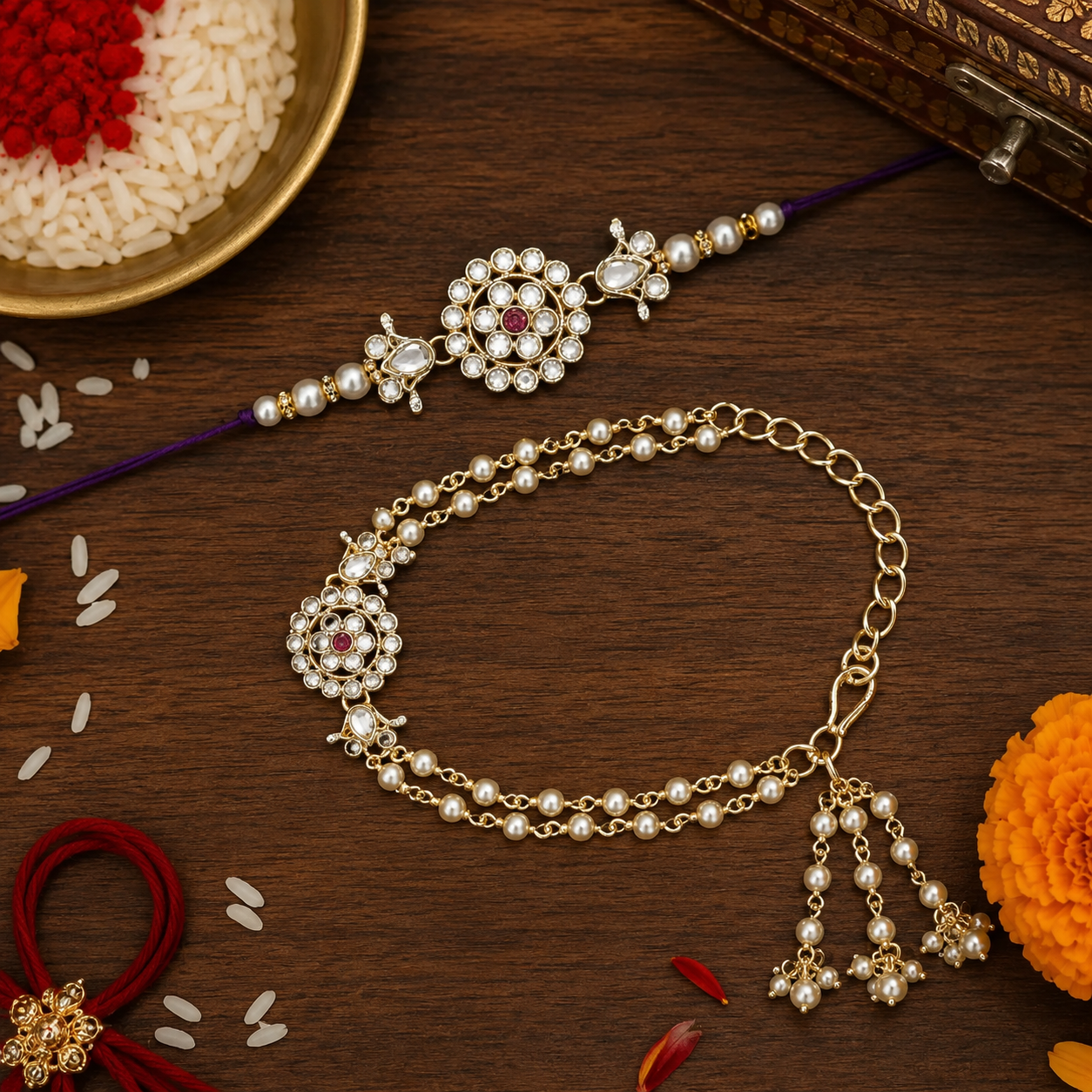 Elegant Bhaiya Bhabhi Lumba Pearl & Rakhi With Roli Chawal & Card