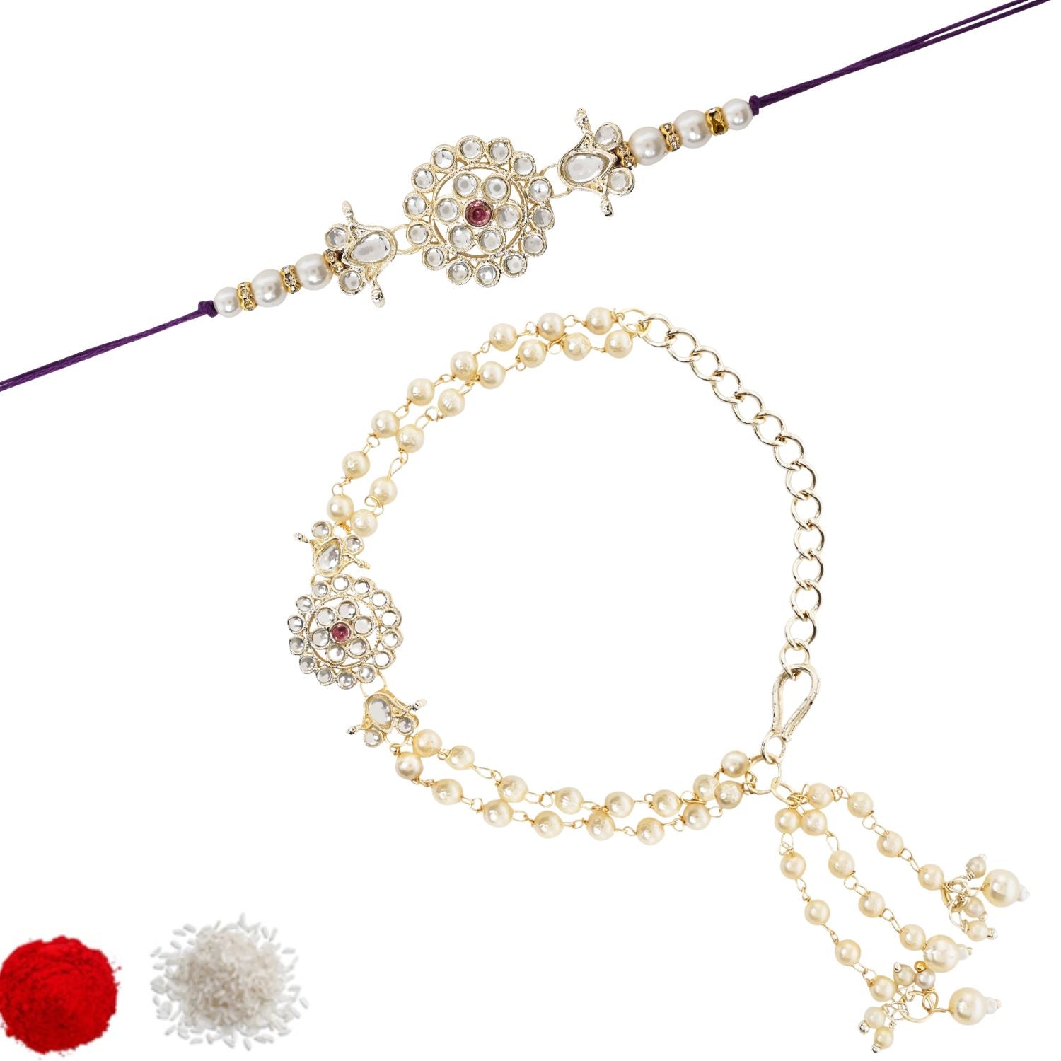 Elegant Bhaiya Bhabhi Lumba Pearl & Rakhi With Roli Chawal & Card