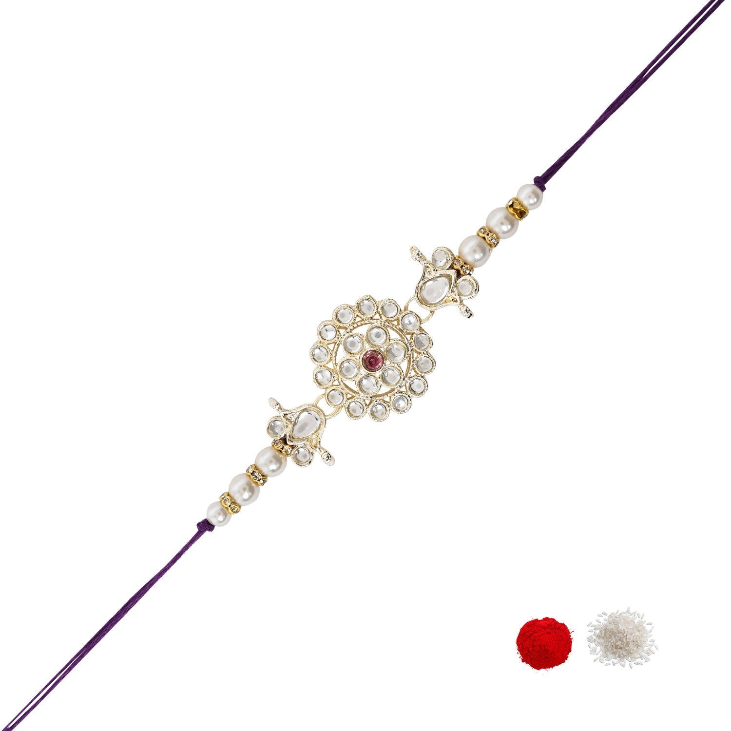Delicate Pearl Beads Wine Rakhi with Roli Chawal & Rakshabandhan Card