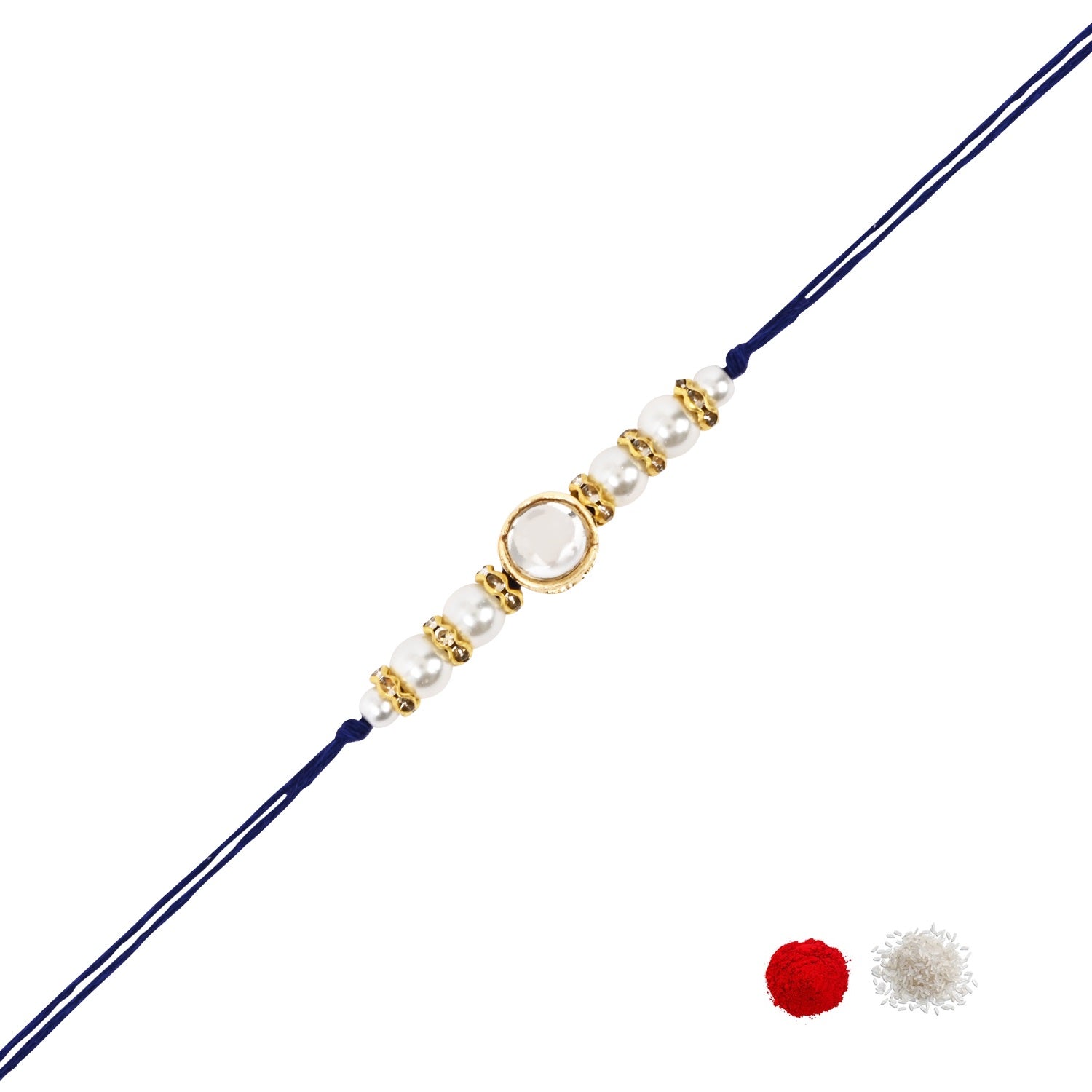 Delicate Pearl Beads Blue Rakhi with Roli Chawal & Rakshabandhan Card