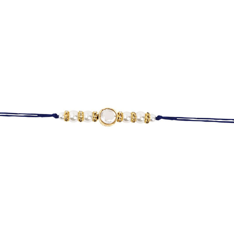 Delicate Pearl Beads Blue Rakhi with Roli Chawal & Rakshabandhan Card