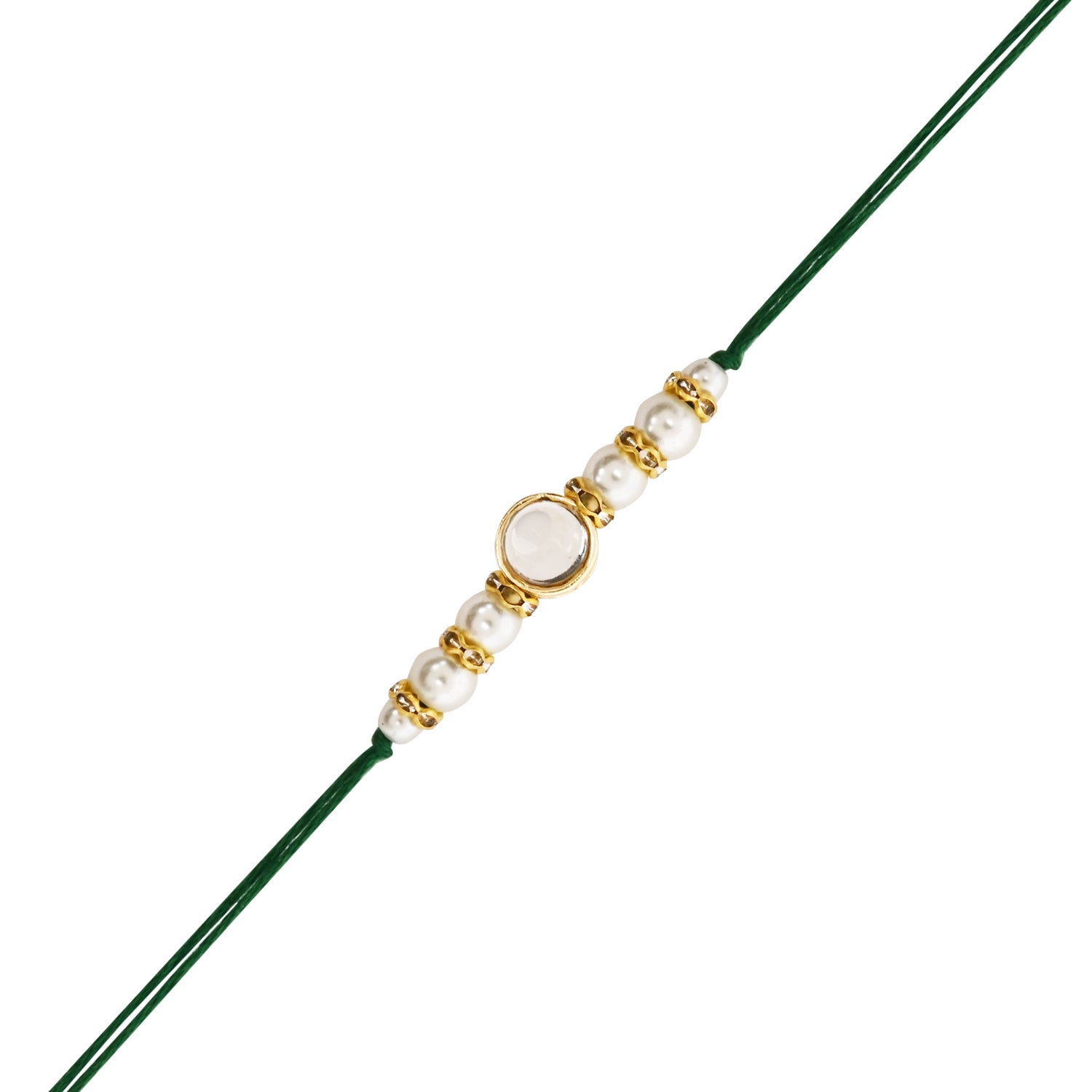 Elegant Bhaiya Bhabhi Green Lumba & Pearl Rakhi With Roli Chawal &Card