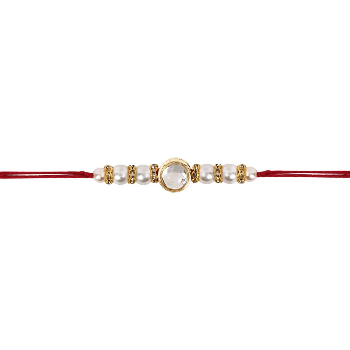 Delicate Pearl Beads Red Rakhi with Roli Chawal & Rakshabandhan Card