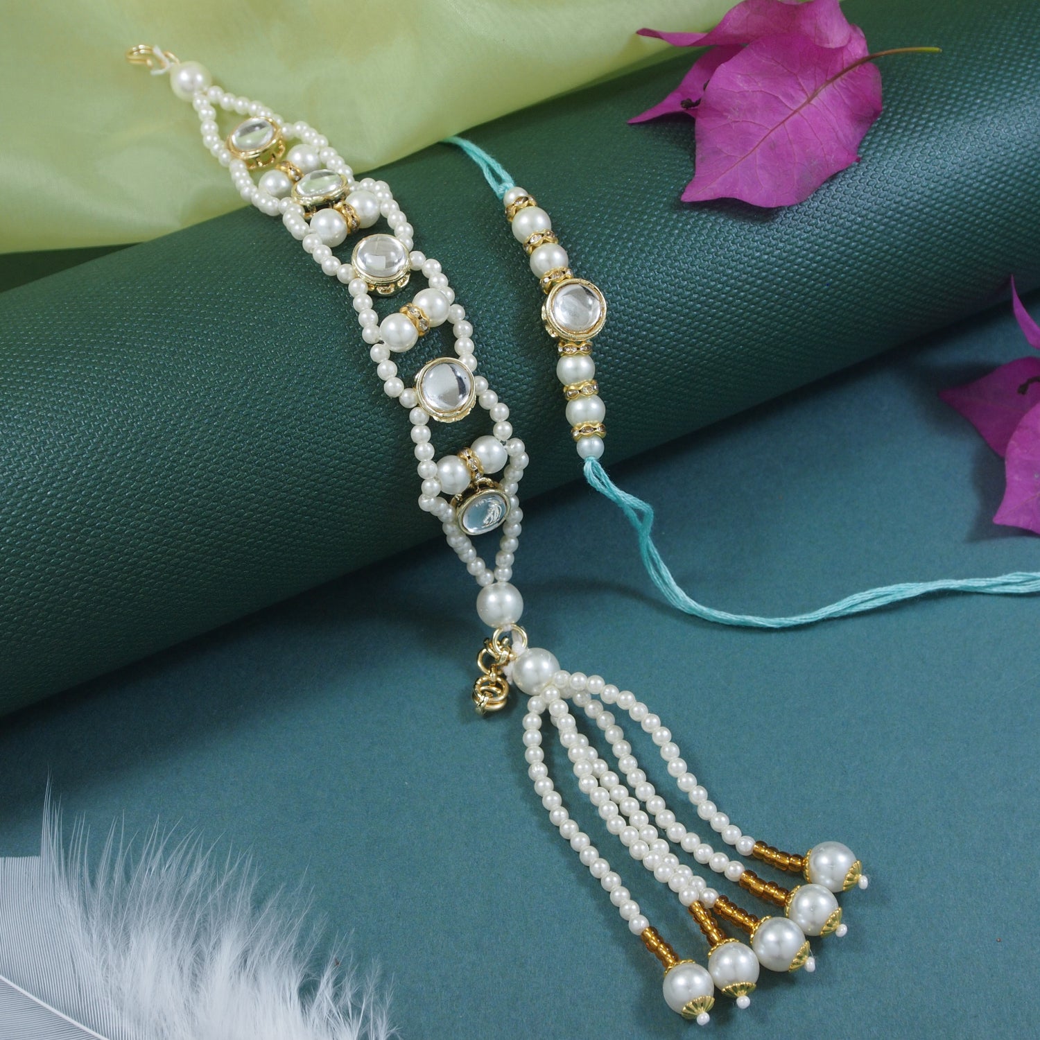 Elegant Bhaiya Bhabhi White Lumba Pearl Rakhi With Roli Chawal &Card