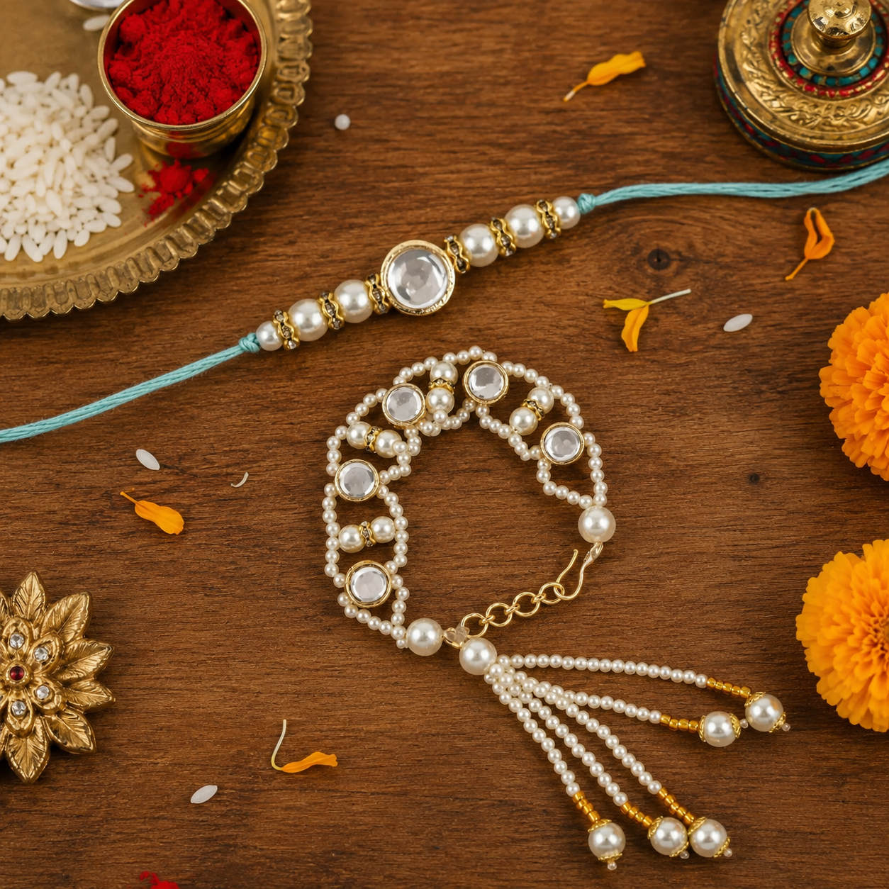 Elegant Bhaiya Bhabhi White Lumba Pearl Rakhi With Roli Chawal &Card