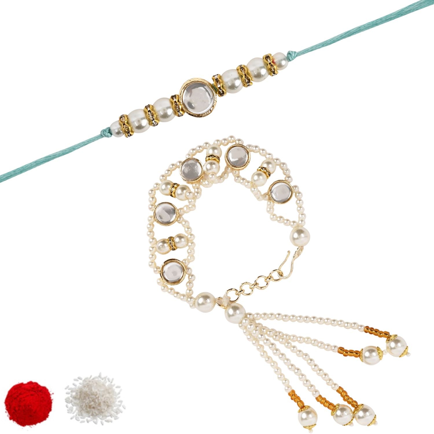 Elegant Bhaiya Bhabhi White Lumba Pearl Rakhi With Roli Chawal &Card