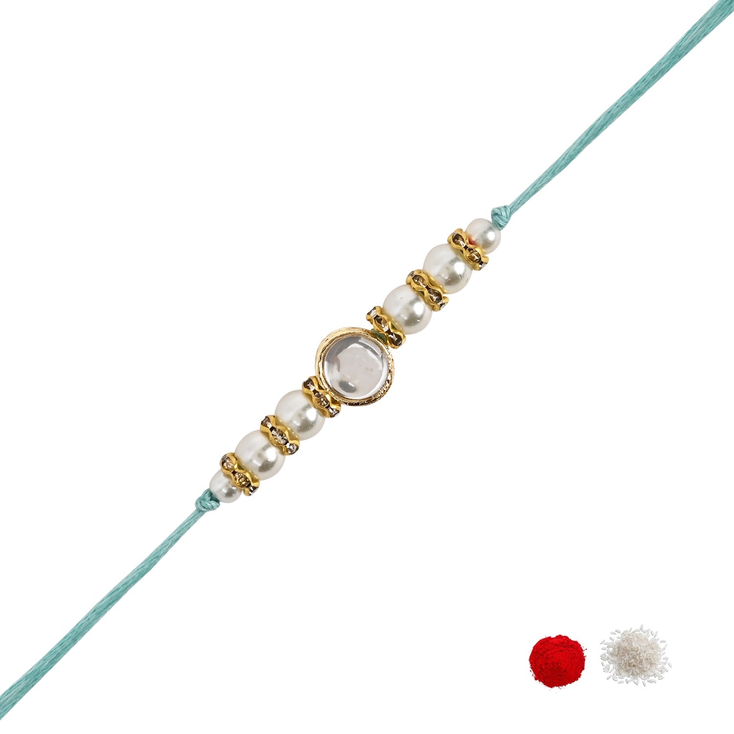 Delicate Pearl Beads White Rakhi with Roli Chawal & Rakshabandhan Card