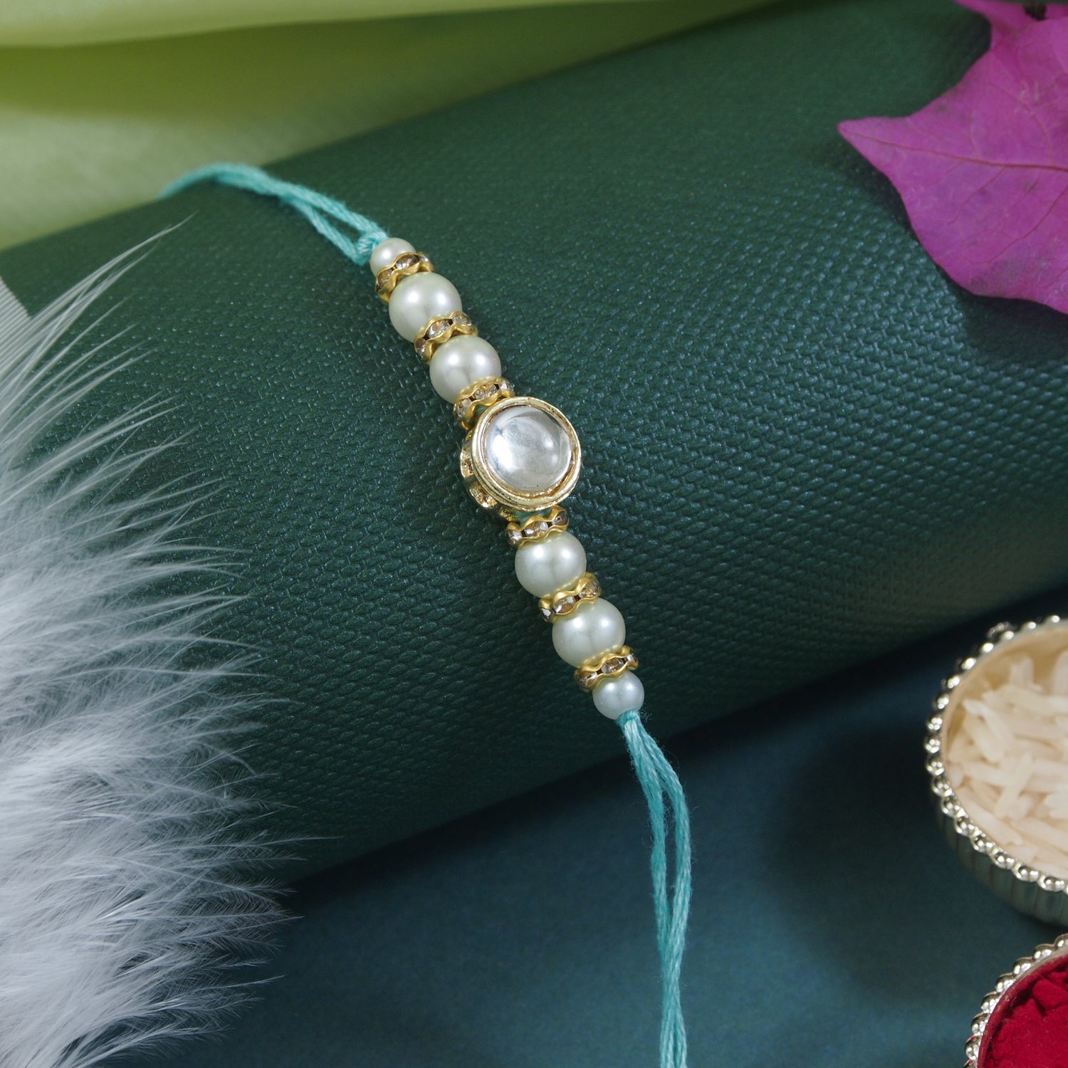 Delicate Pearl Beads White Rakhi with Roli Chawal & Rakshabandhan Card