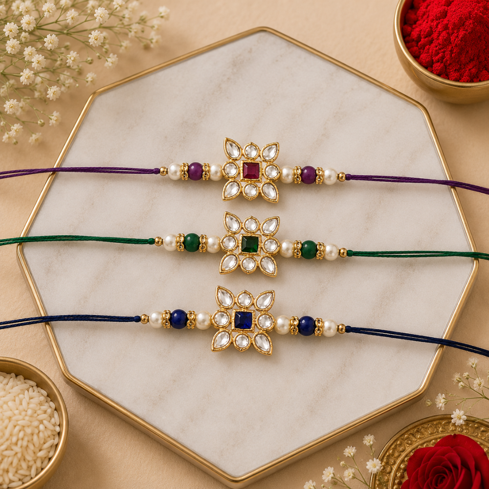 Elegance Kundan & Pearl Beads Rakhi with Roli Chawal & Card (Pack of 3)