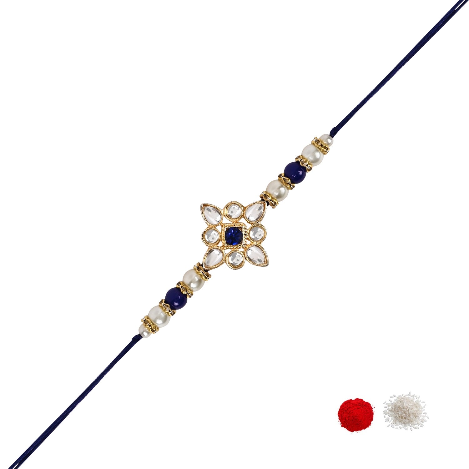 Delicate Pearl Beads Blue Rakhi with Roli Chawal & Rakshabandhan Card