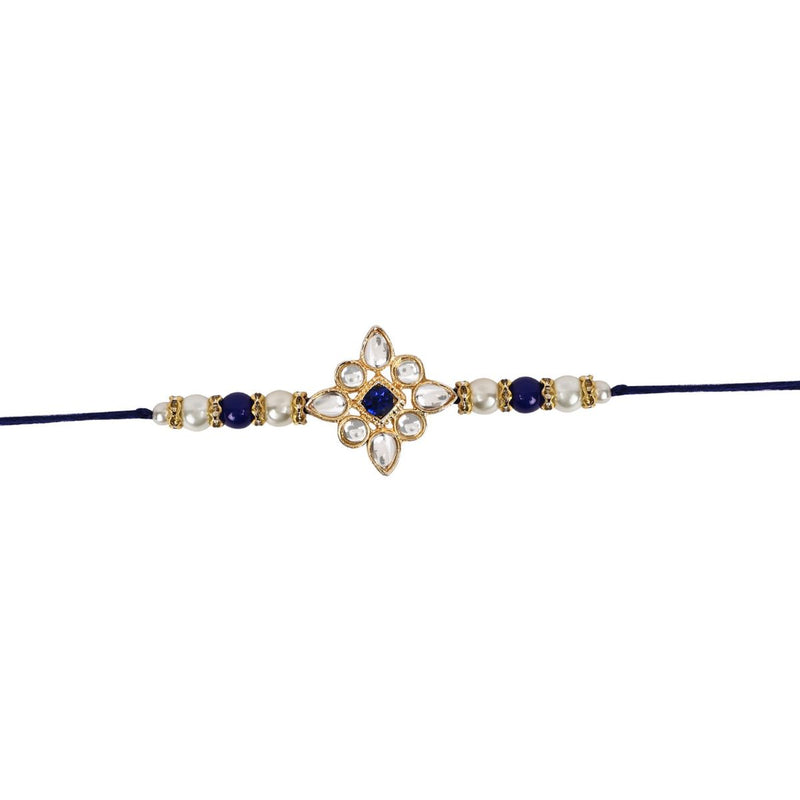 Delicate Pearl Beads Blue Rakhi with Roli Chawal & Rakshabandhan Card