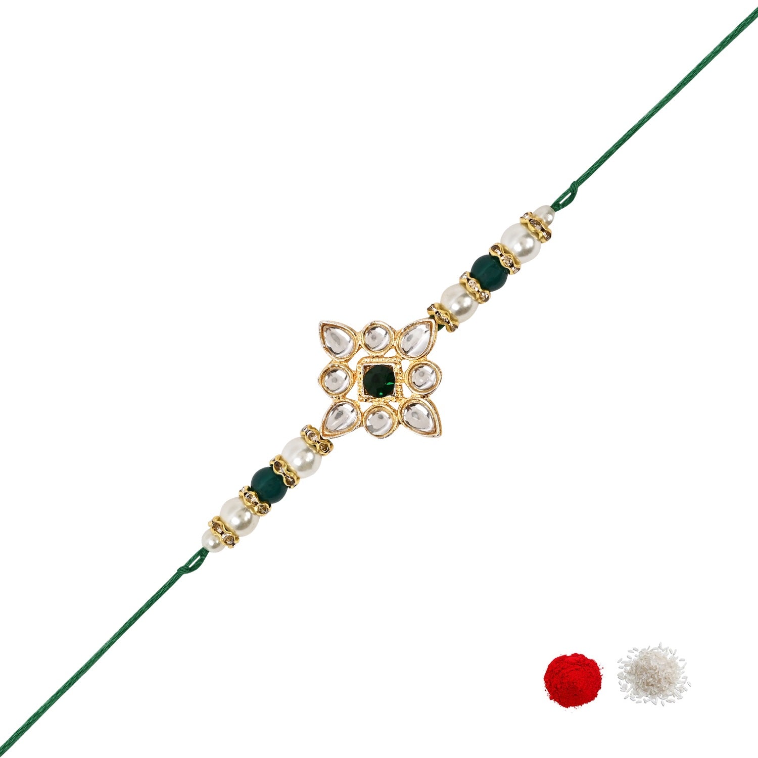 Delicate Pearl Beads Green Rakhi with Roli Chawal & Rakshabandhan Card
