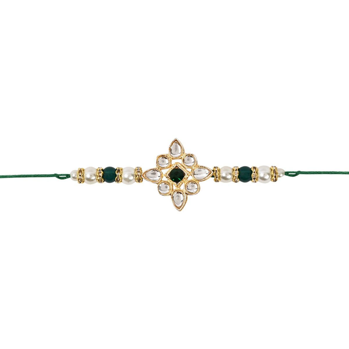 Delicate Pearl Beads Green Rakhi with Roli Chawal & Rakshabandhan Card