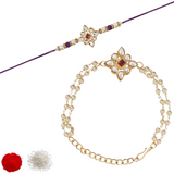 Elegant Bhaiya Bhabhi Wine Lumba Pearl Rakhi With Roli Chawal &Card
