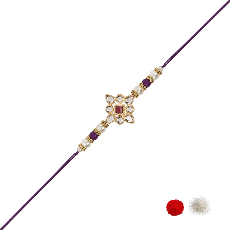 Delicate Pearl Beads Wine Rakhi with Roli Chawal & Rakshabandhan Card