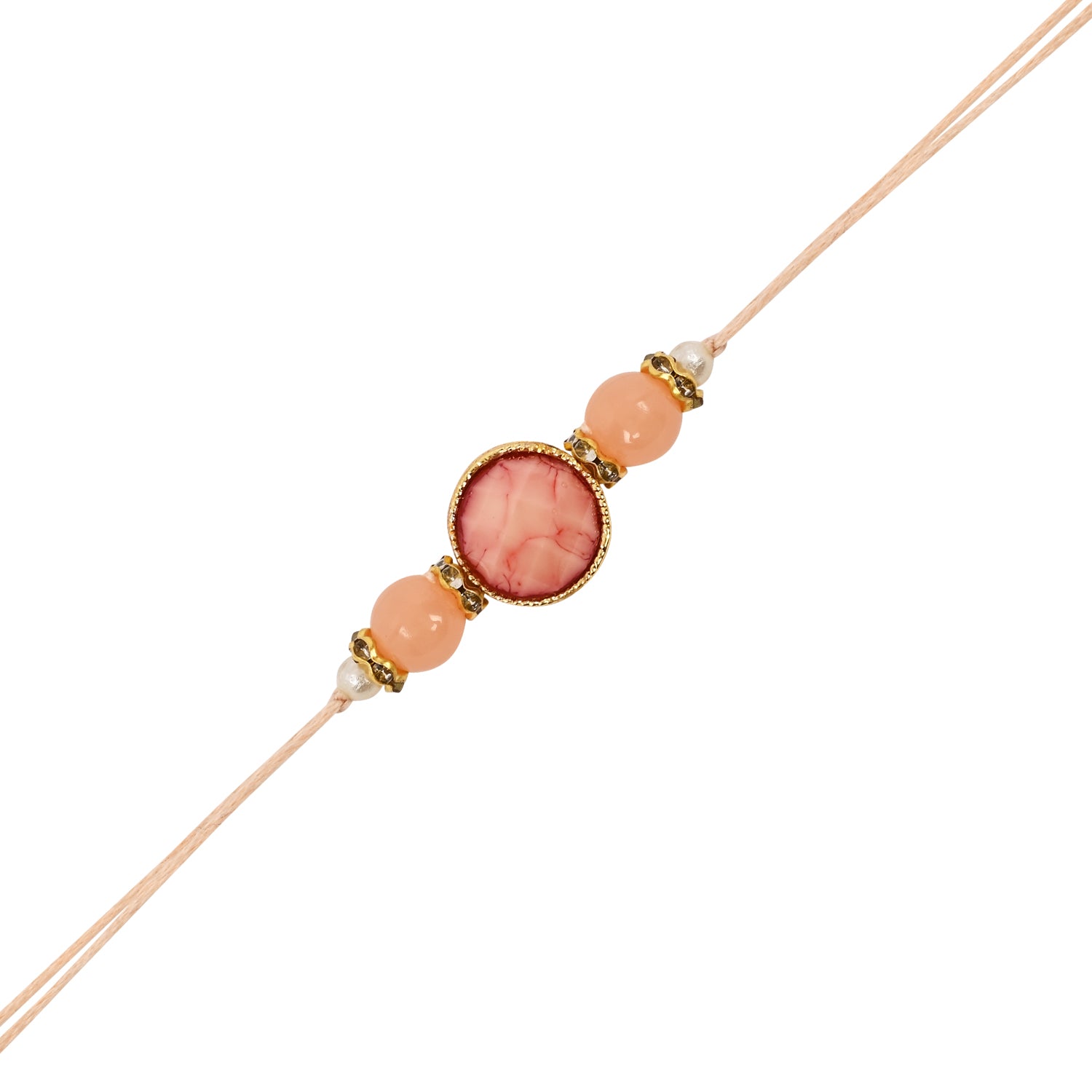 Elegant Bhaiya Bhabhi Peach Lumba Pearl & Rakhi With Roli Chawal &Card