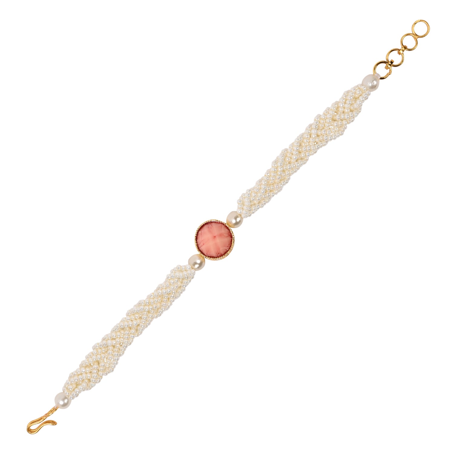 Elegant Bhaiya Bhabhi Peach Lumba Pearl & Rakhi With Roli Chawal &Card