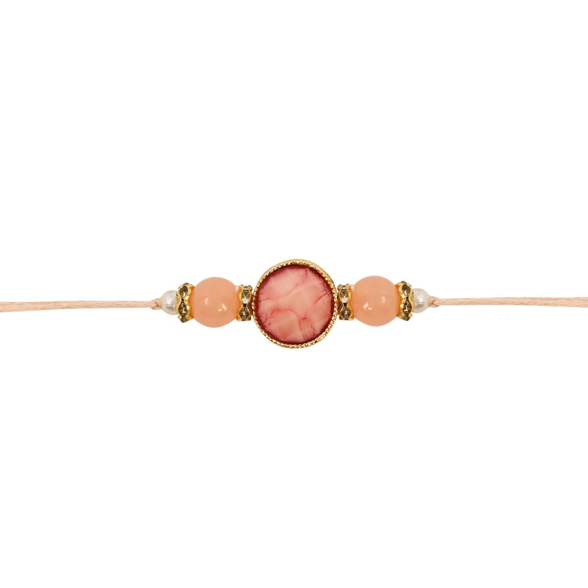 Delicate Pearl Beads Peach Rakhi with Roli Chawal & Rakshabandhan Card