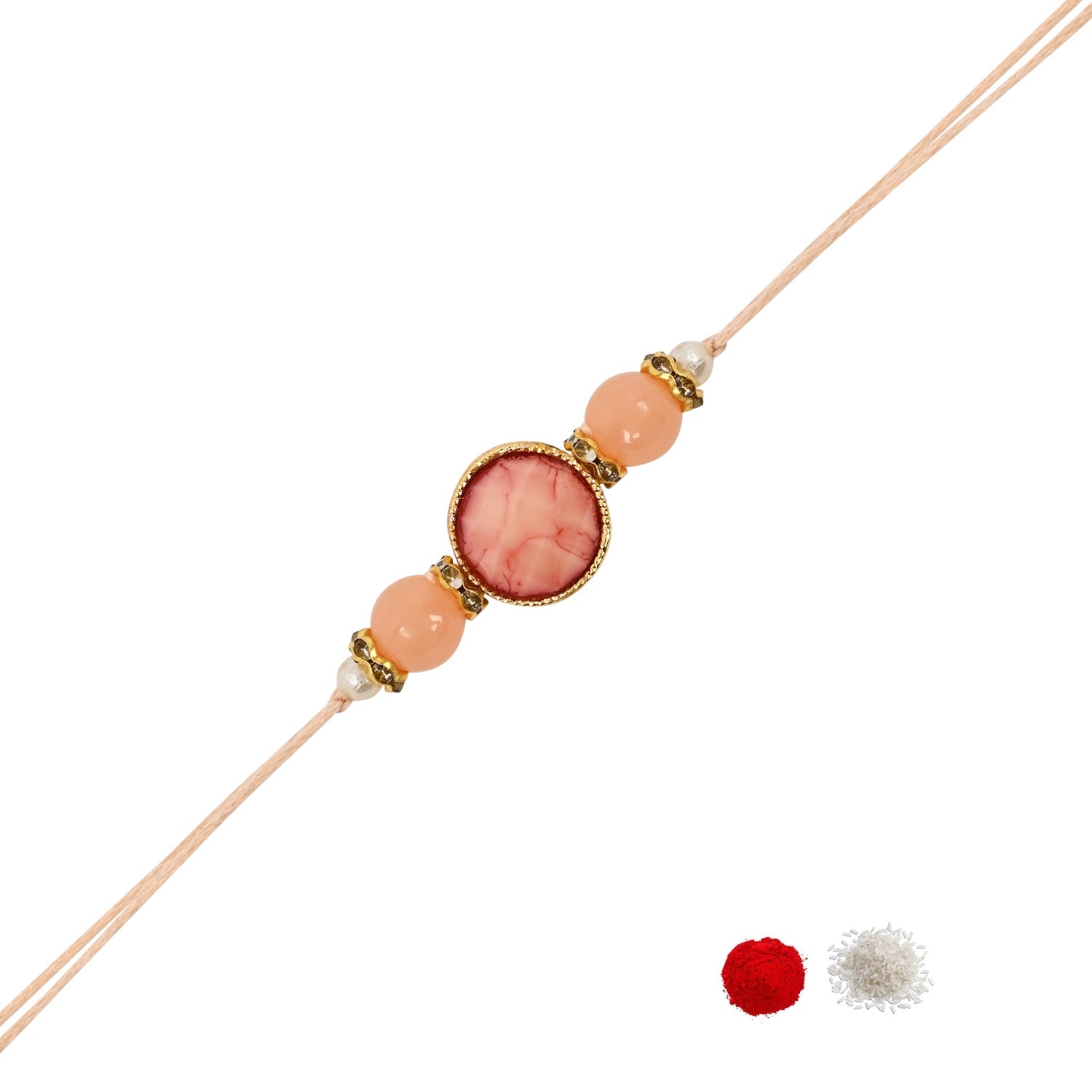 Delicate Pearl Beads Peach Rakhi with Roli Chawal & Rakshabandhan Card