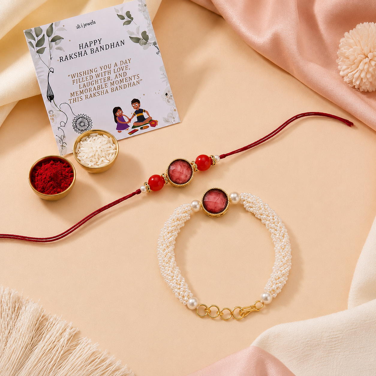 Elegant Bhaiya Bhabhi Red Lumba Pearl & Rakhi With Roli Chawal &Card