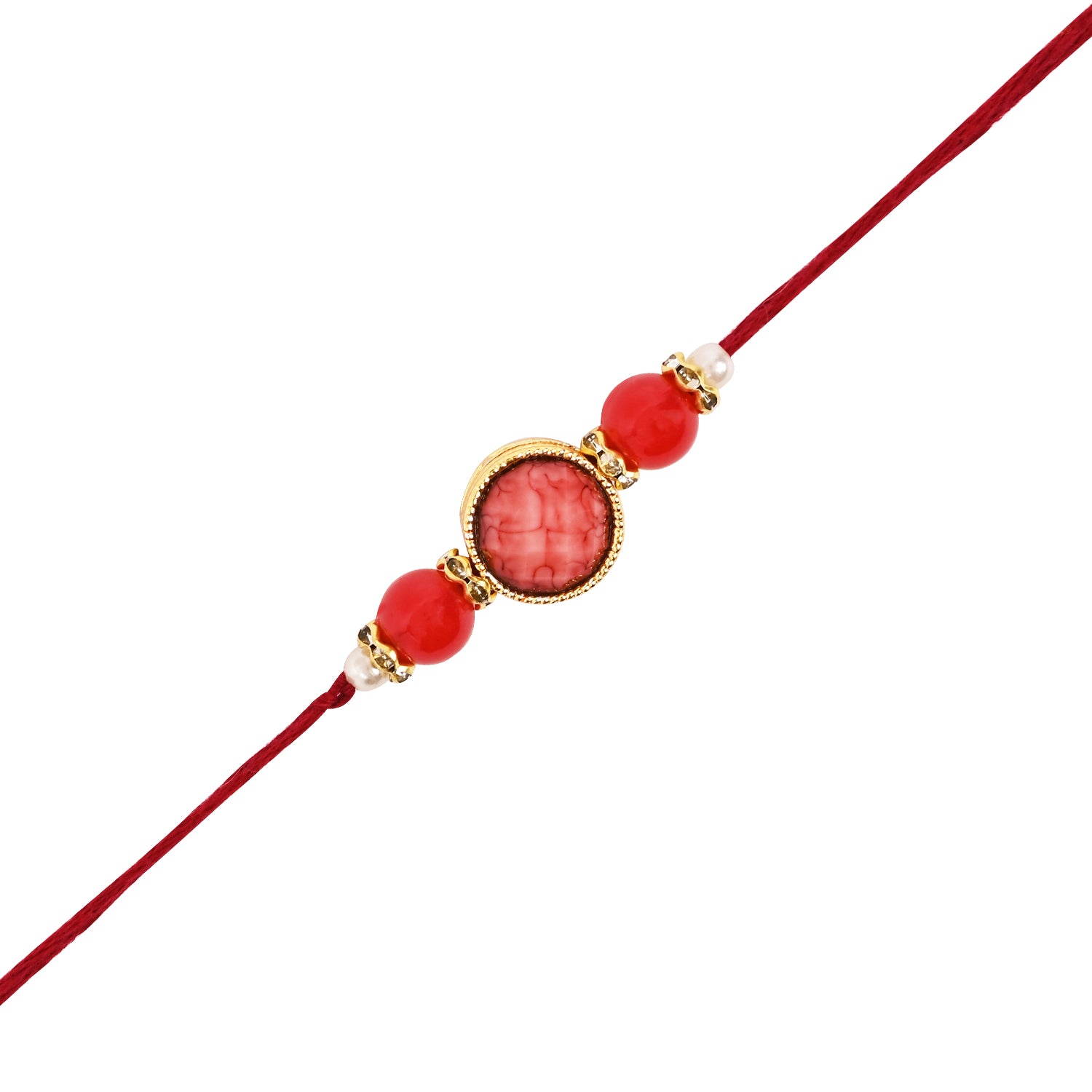 Elegant Bhaiya Bhabhi Red Lumba Pearl & Rakhi With Roli Chawal &Card
