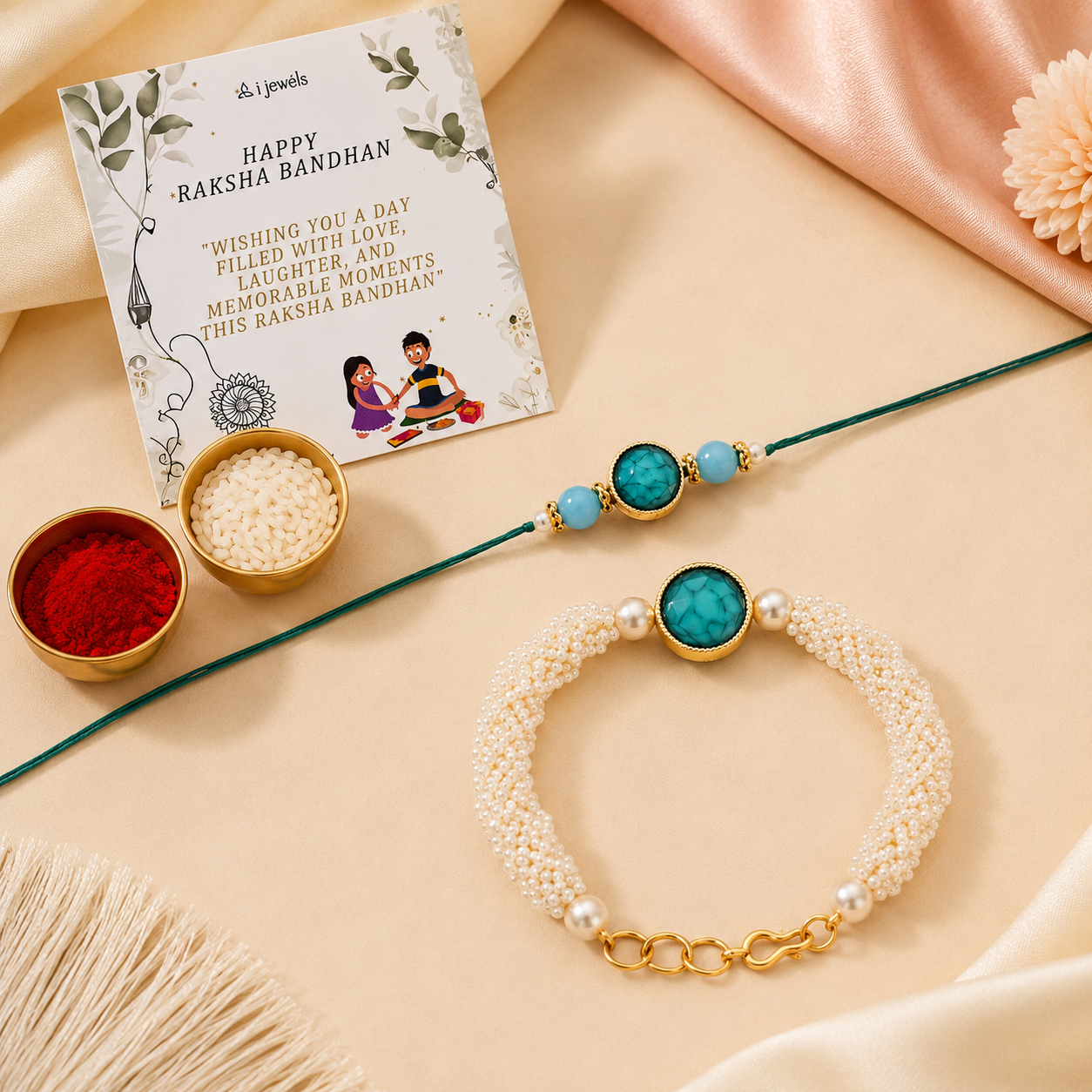Elegant Bhaiya Bhabhi Turquoise Lumba Pearl Rakhi With Roli Chawal &Card