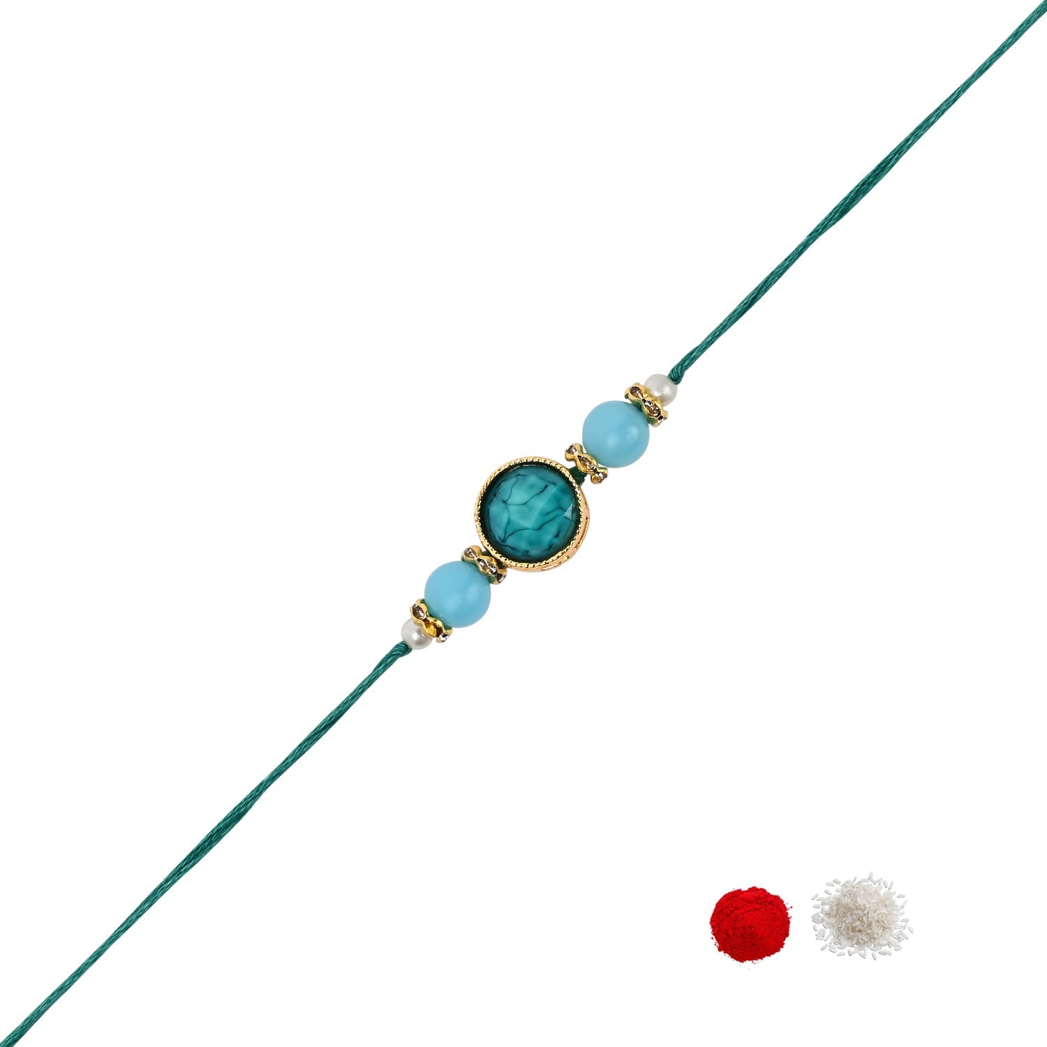 Delicate Pearl Beads Turquoise Rakhi with Roli Chawal & Rakshabandhan Card