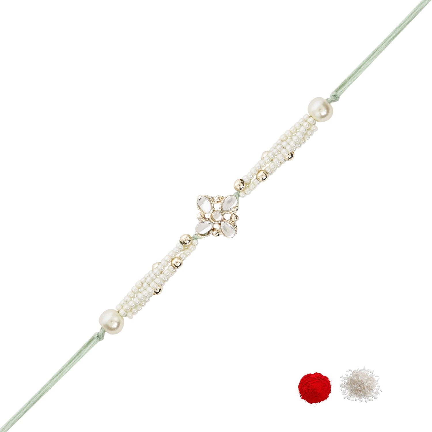 Delicate Pearl Beads White Rakhi with Roli Chawal & Rakshabandhan Card