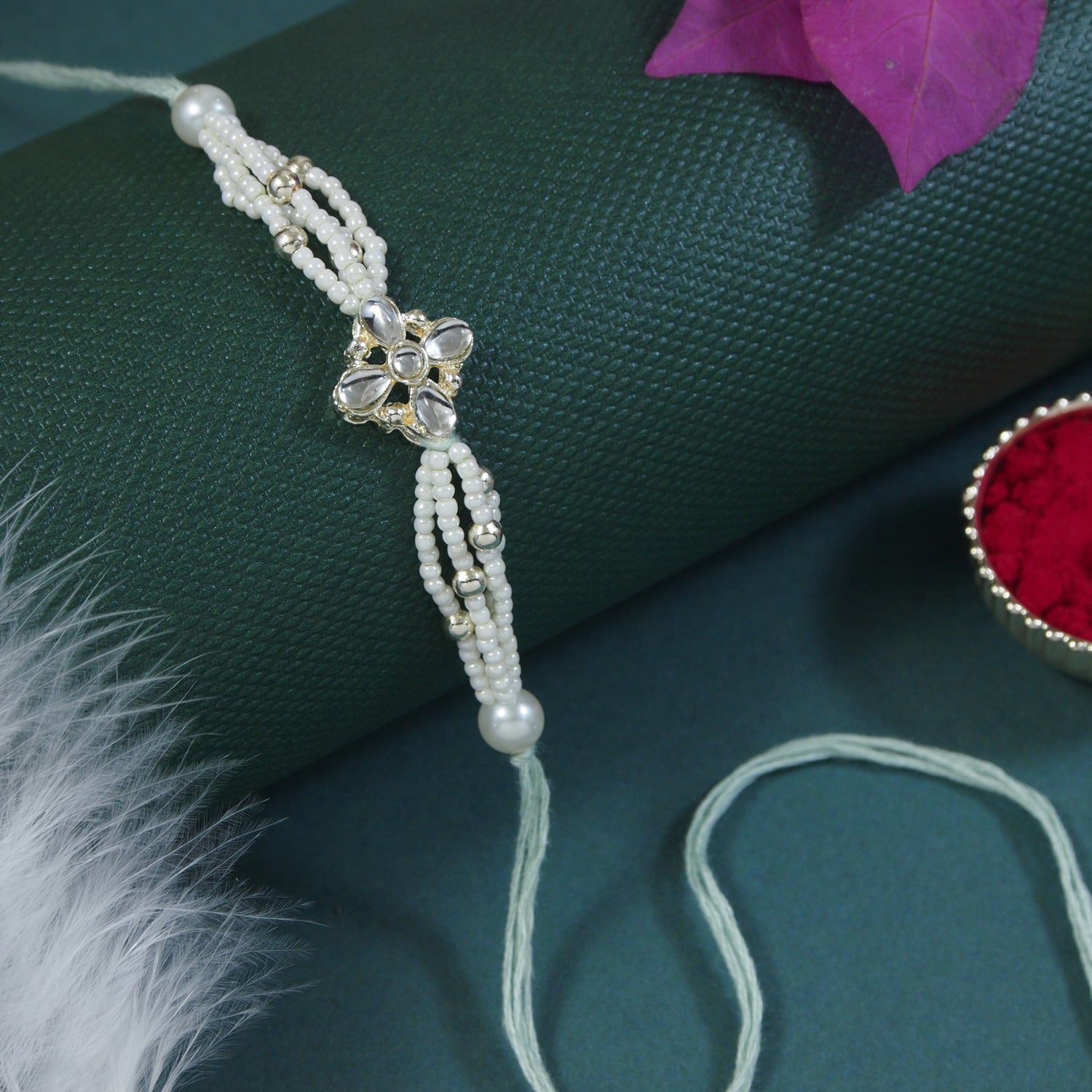 Delicate Pearl Beads White Rakhi with Roli Chawal & Rakshabandhan Card