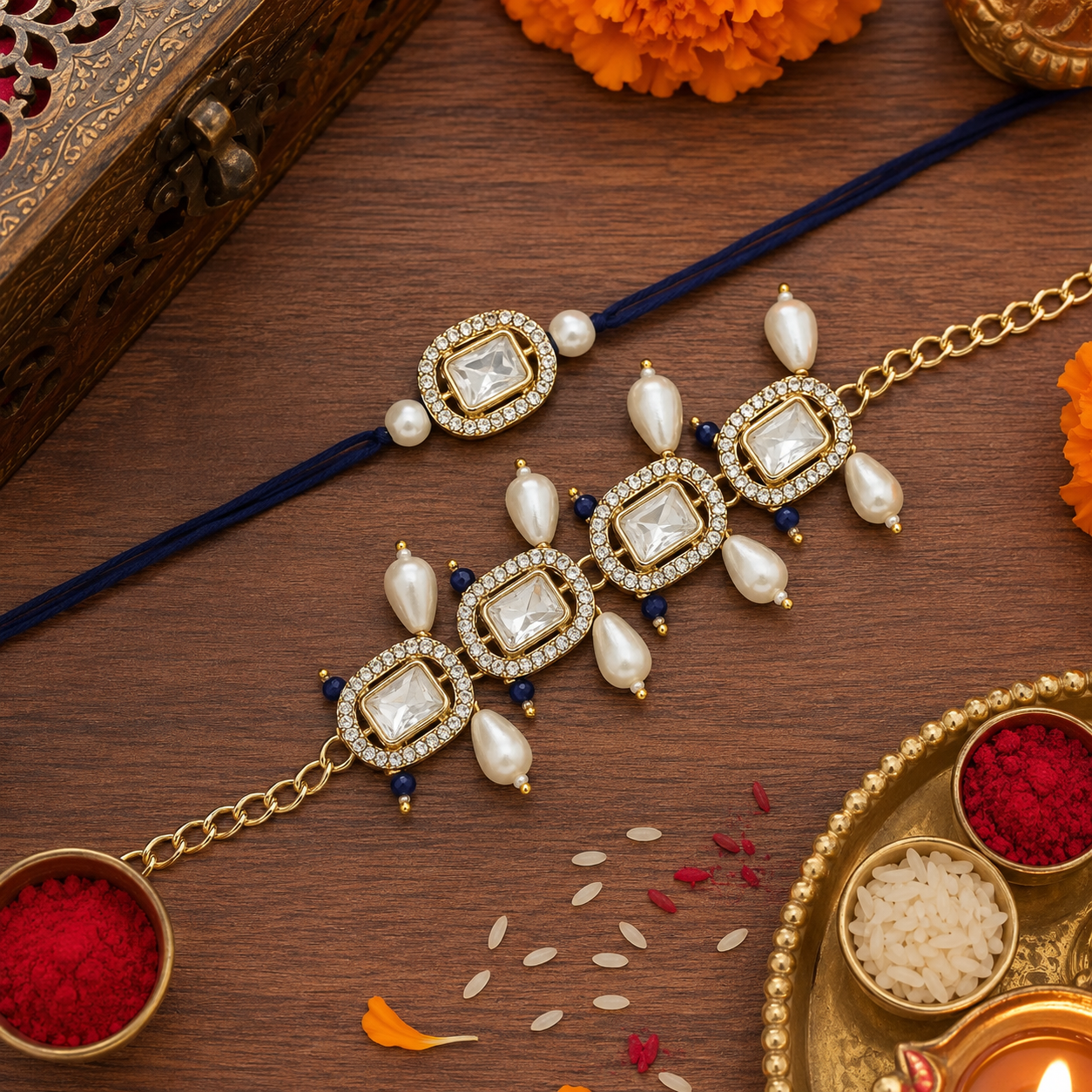 Elegant Bhaiya Bhabhi Blue Lumba & Pearl Rakhi With Roli Chawal &Card