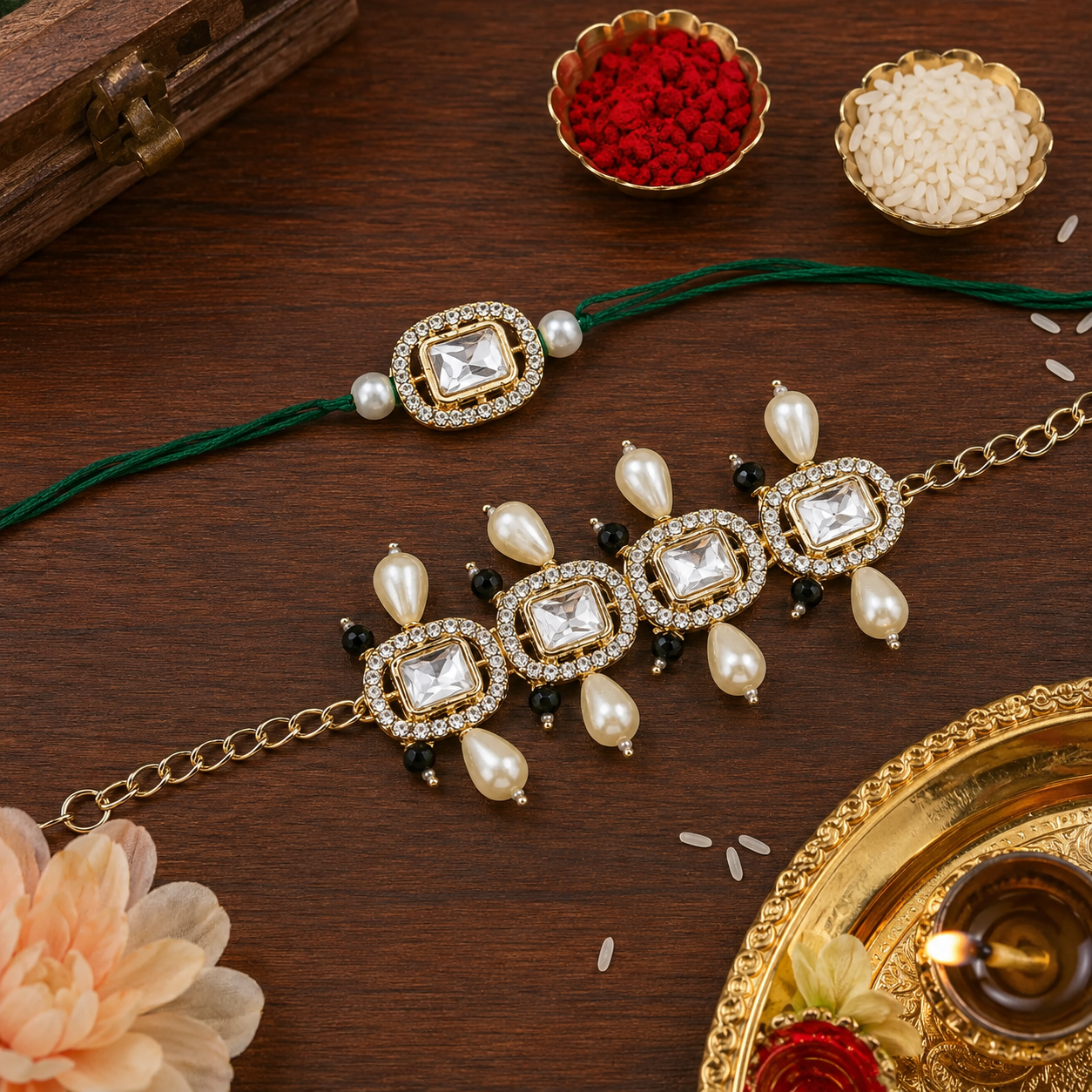 Elegant Bhaiya Bhabhi Green Lumba & Pearl Rakhi With Roli Chawal &Card