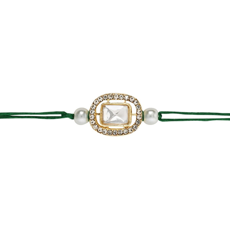 Delicate Pearl Beads Green Rakhi with Roli Chawal & Rakshabandhan Card