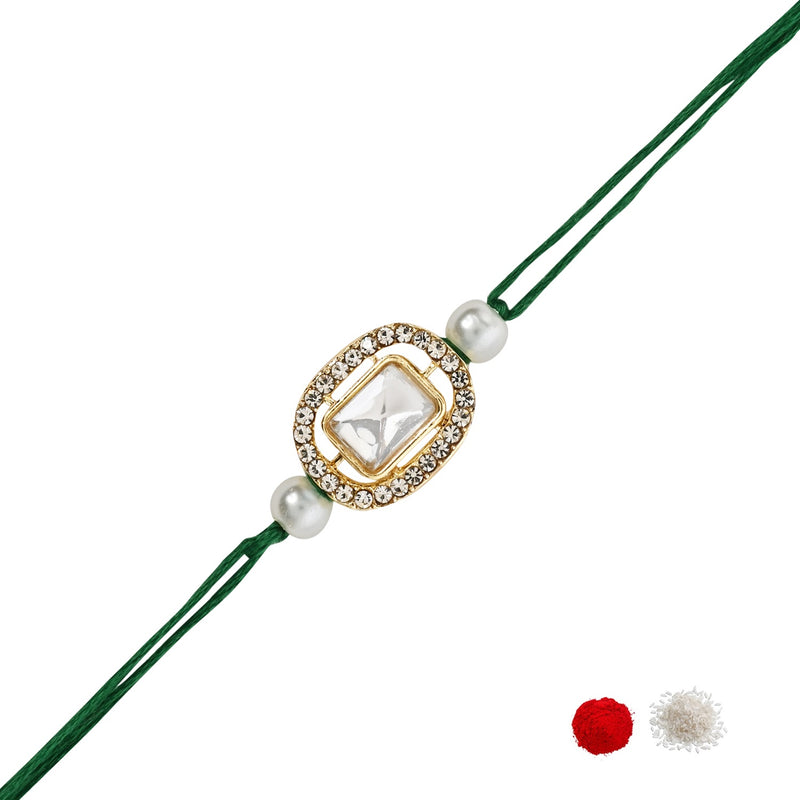 Delicate Pearl Beads Green Rakhi with Roli Chawal & Rakshabandhan Card