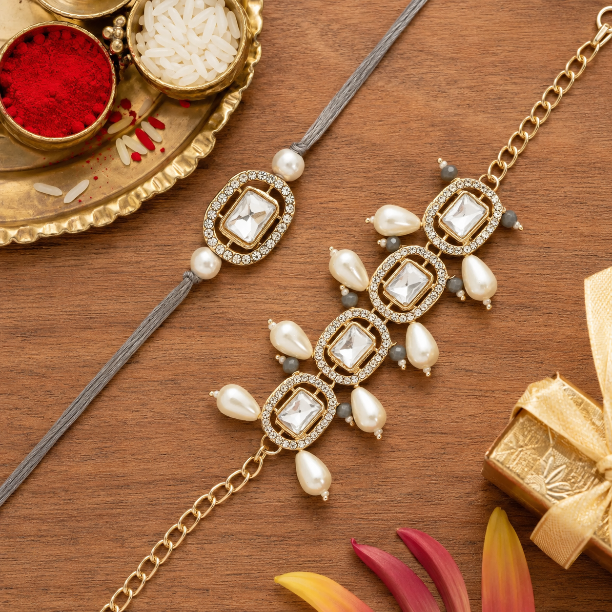 Elegant Bhaiya Bhabhi Grey Lumba & Pearl Rakhi With Roli Chawal &Card