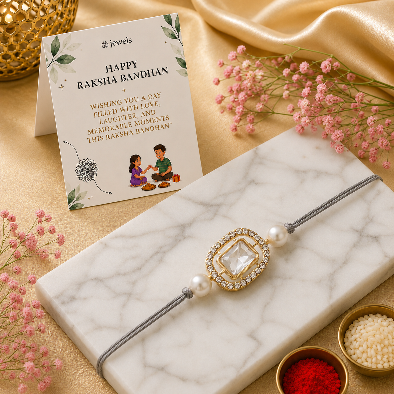 Delicate Pearl Beads Grey Rakhi with Roli Chawal & Rakshabandhan Card