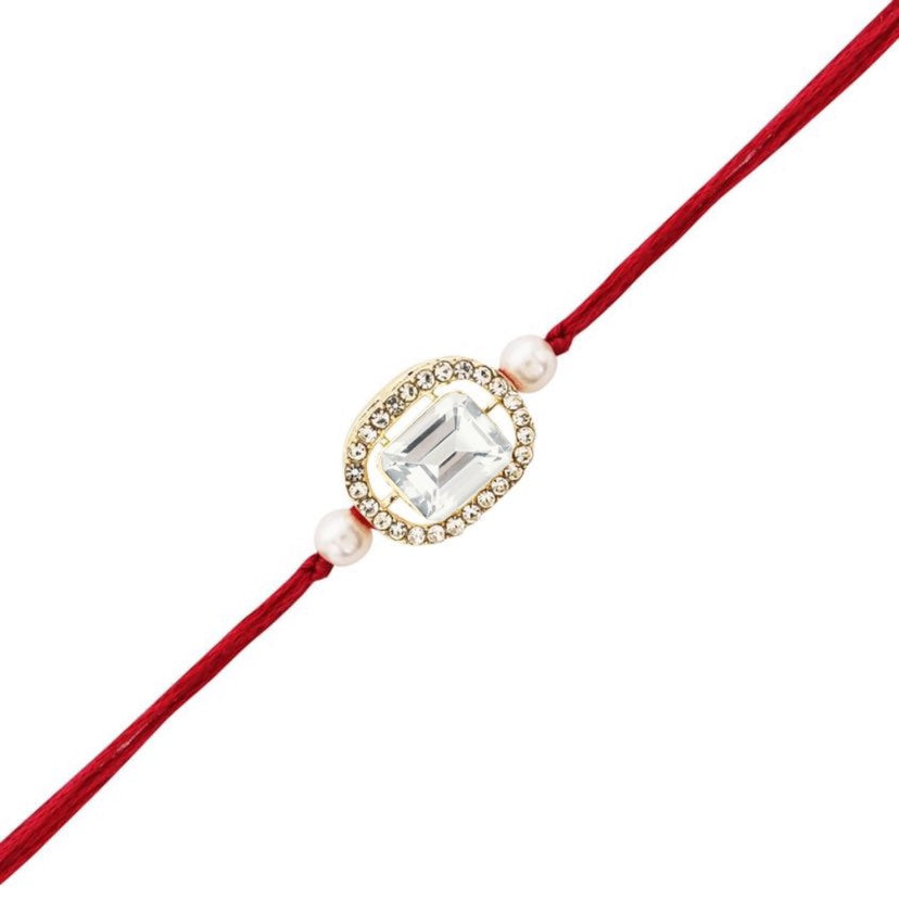 Elegant Bhaiya Bhabhi Red Lumba Pearl & Rakhi With Roli Chawal &Card