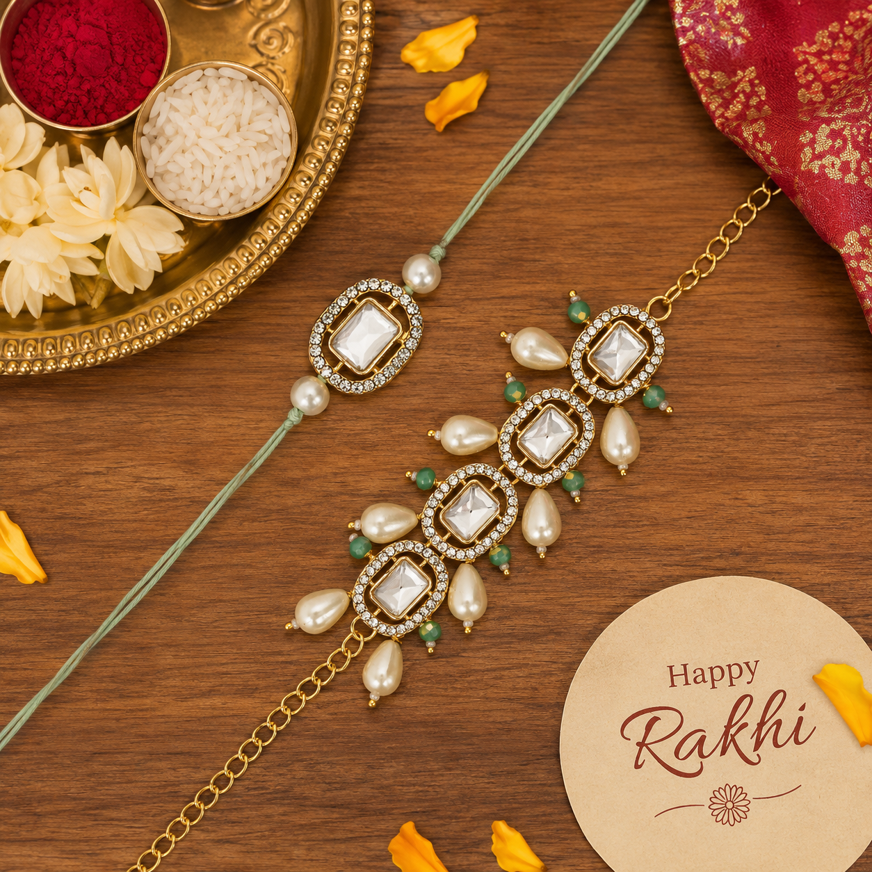 Elegant Bhaiya Bhabhi Mint Lumba Pearl & Rakhi With Roli Chawal &Card