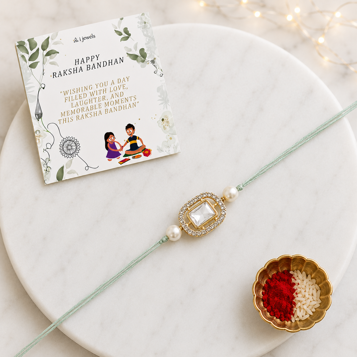 Delicate Pearl Beads Mint Rakhi with Roli Chawal & Rakshabandhan Card
