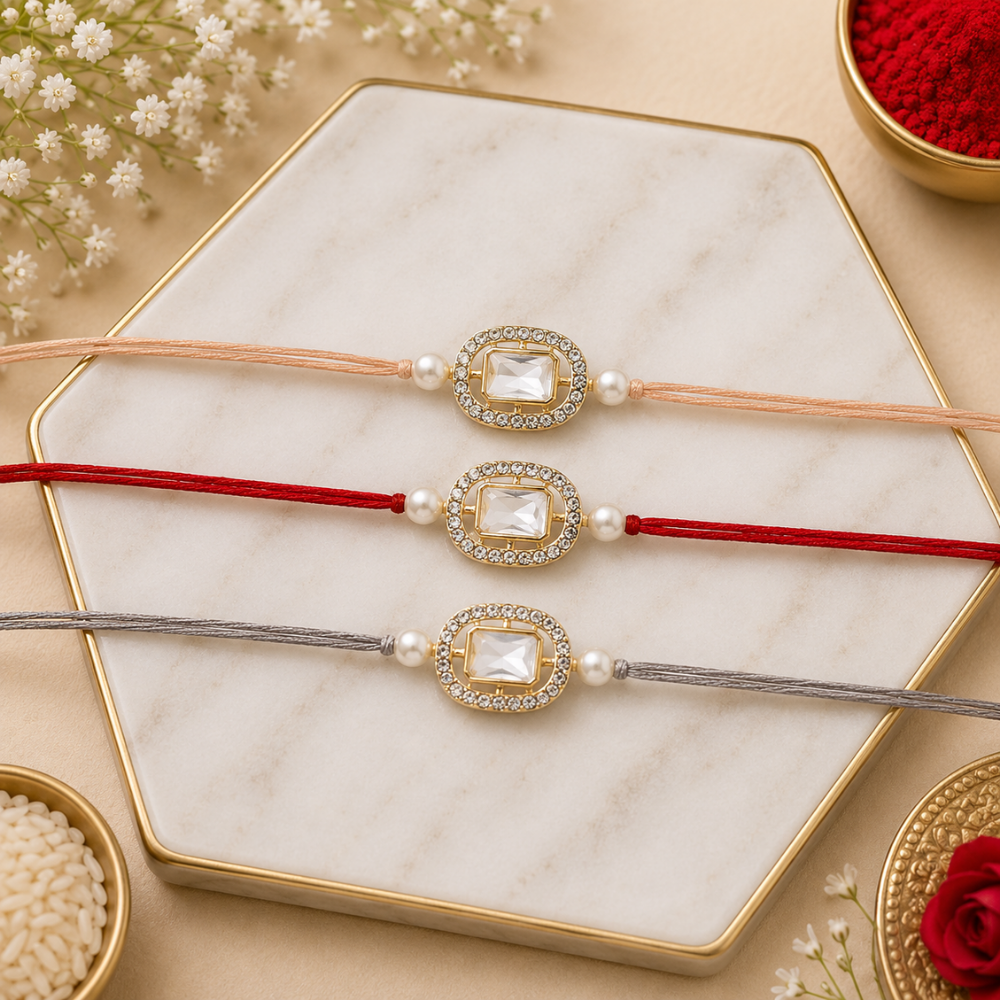Elegance Kundan & Pearl Beads Rakhi with Roli Chawal & Card (Pack of 3)