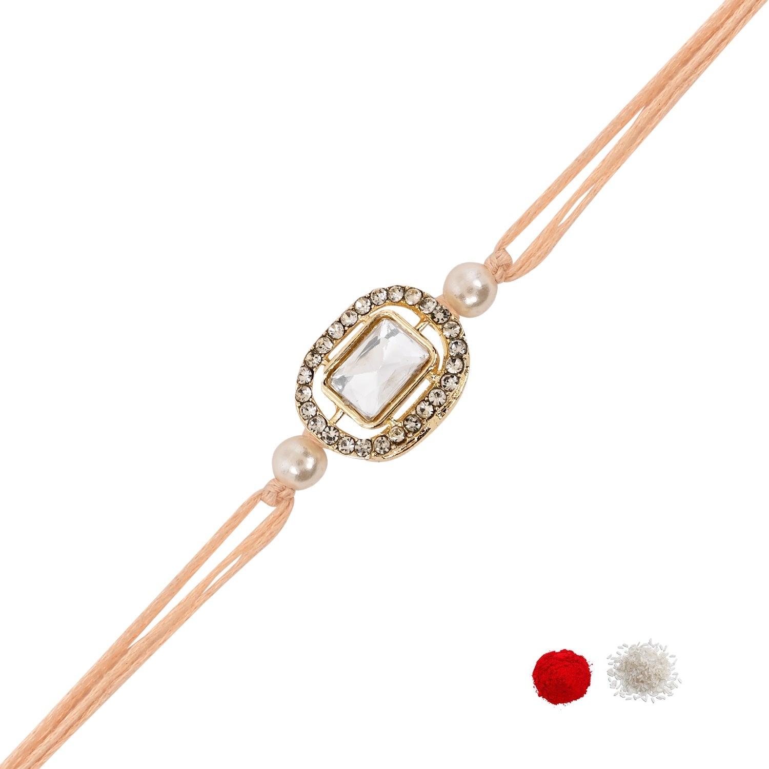 Delicate Pearl Beads Peach Rakhi with Roli Chawal & Rakshabandhan Card