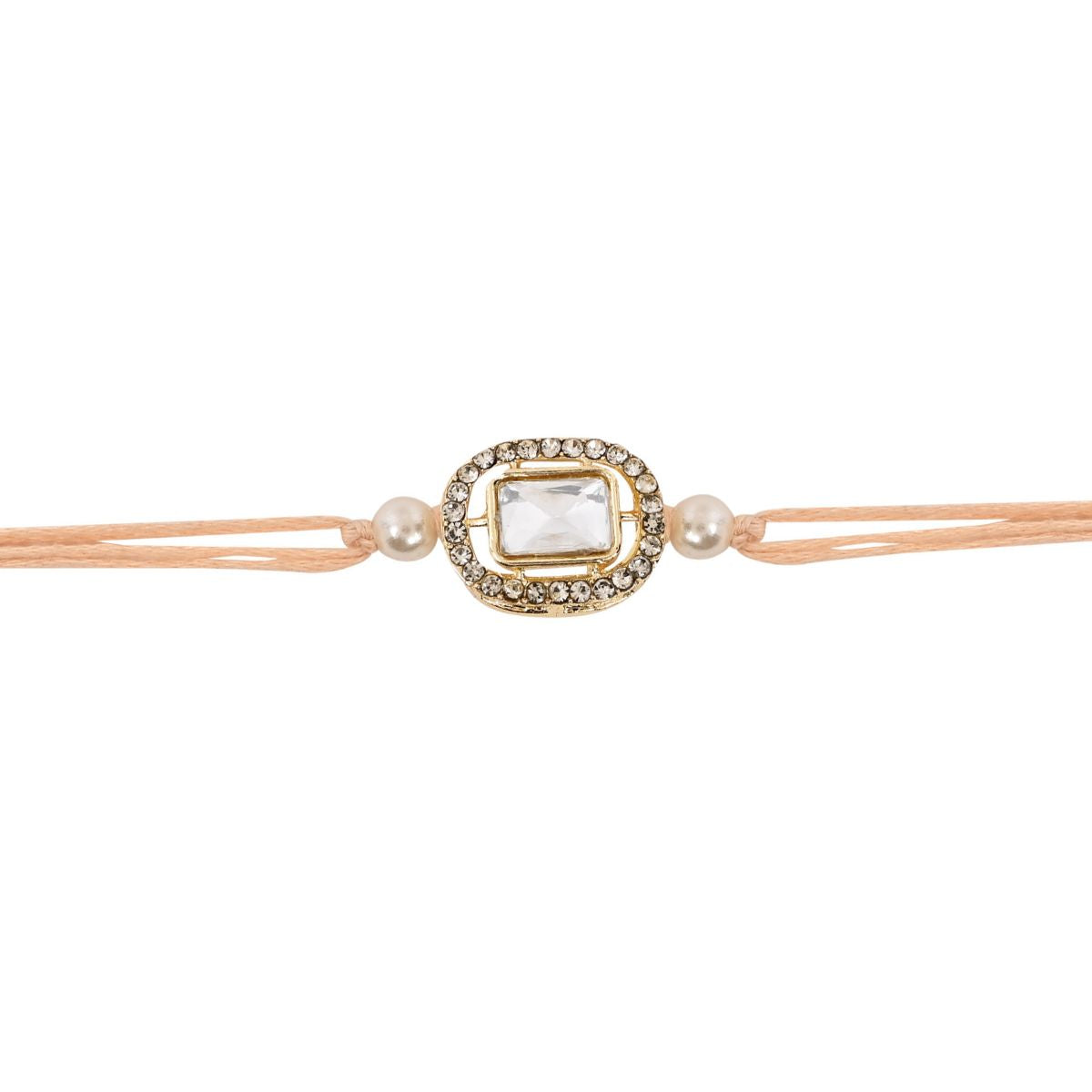Delicate Pearl Beads Peach Rakhi with Roli Chawal & Rakshabandhan Card